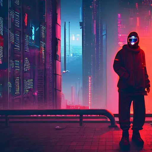 gopnik with cyber hands on the background of cyberpunk | Stable ...