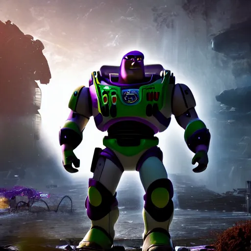 Image similar to Buzz Lightyear in 'Gears of War', splash art, movie still, cinematic lighting, detailed face, dramatic, octane render, long lens, shallow depth of field, bokeh, anamorphic lens flare, 8k, hyper detailed, 35mm film grain