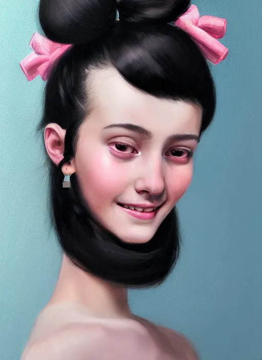 Image similar to portrait of teenage girl, realistic, black hair, bangs, half updo hairstyle, pointy nose, skinny, smile, ugly, defined jawline, big chin, pink hair bow, earrings, intricate, elegant, glowing lights, highly detailed, digital painting, artstation, sharp focus, illustration, art by wlop, mars ravelo and greg rutkowski