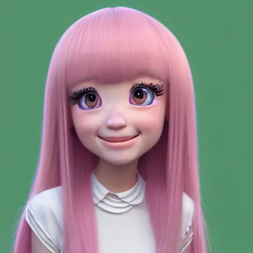 Image similar to A portrait of Nikki from Shining Nikki and Love Nikki, a cute 3d cgi toon young woman with long light pink hair, full bangs, hazel eyes, full round face, light makeup, pale skin, Chinese heritage, in the center midground, medium shot, mid-shot, hyperdetailed, 8k, trending on artstation, as a Pixar character