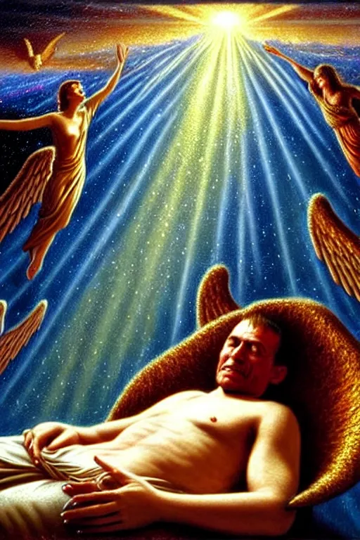 Prompt: a photorealistic detailed cinematic image of a man on his deathbed, overlooking weathered lifeless body, assisted to the afterlife by iridescent angels. fully restored, met by friends and family, overjoyed, emotional, compelling, by pinterest, david a. hardy, kinkade, lisa frank, wpa, public works mural, socialist