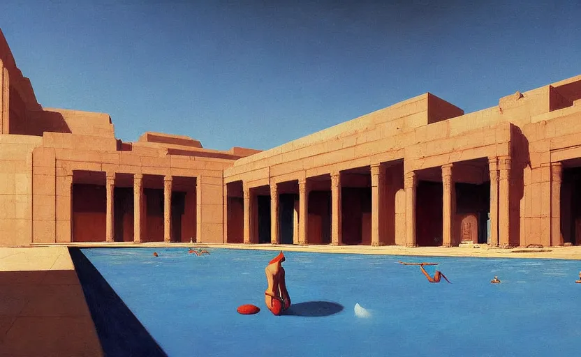 Prompt: A ancient persian temple with a big pool , very coherent, painted by Edward Hopper, Wayne Barlowe, painted by James Gilleard, airbrush, art by JamesJean