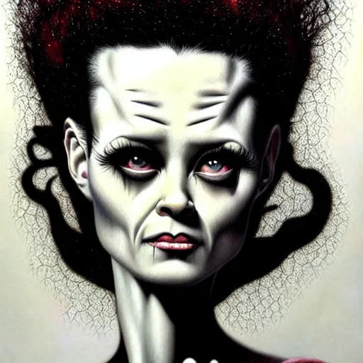 Image similar to realistic airbrush art bride of frankenstein in the style of nicoletta ceccoli, mark ryden, lostfish, earl norem, surrealism, dark art by james jean, takato yamamoto