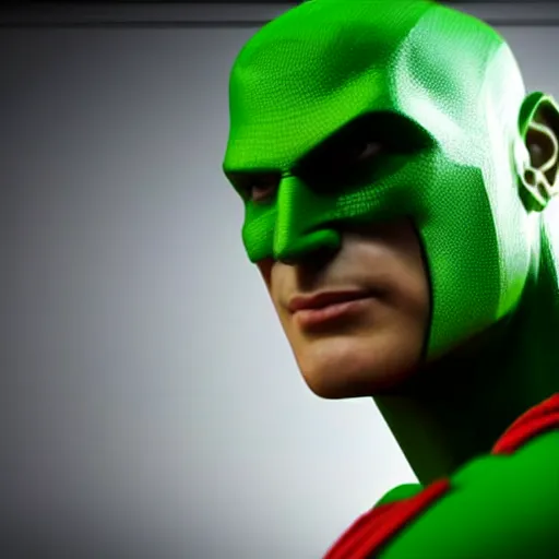 Prompt: still photo of green superman, highly detailed, photorealistic portrait, bright studio setting, studio lighting, crisp quality and light reflections, unreal engine 5 quality render