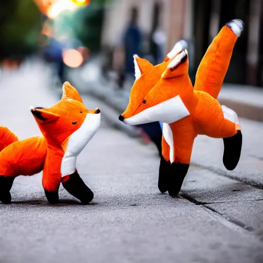 Image similar to Two fox plushies playfully wrestling on the sidewalk, dynamic, motion blur, 1/4 shutter speed, award winning photography