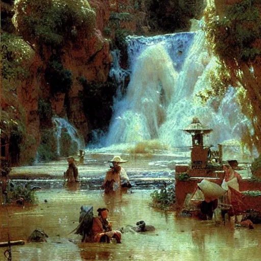 Image similar to waterfall flooding an entire village. victorian age. highly detailed painting by gaston bussiere, craig mullins, j. c. leyendecker