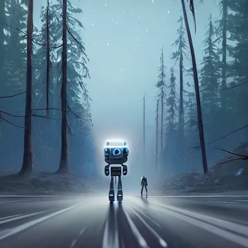 Prompt: Beautiful cinematic scene of a robot walking alongside an empty road surrounded by trees, at night, soft lighting, peaceful, science fiction, award-winning, cinematic lighting, insanely detailed, very realistic, Artstation, Cgsociety, by Simon Stalenhag, directed by Denis Villeneuve, filmic