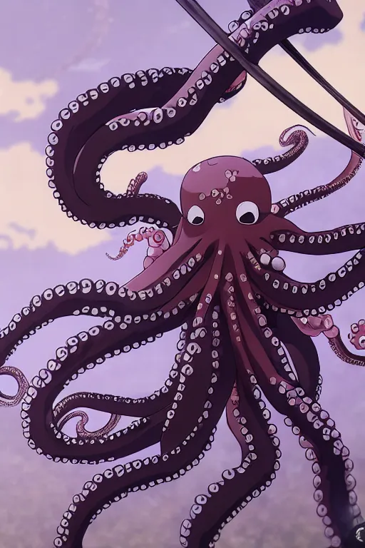 Image similar to key anime visuals of [ an octopus ninja, fighting with a katana ]. highly detailed, intricate, directed by makoto shinkai, anime manga style, trending on art station.