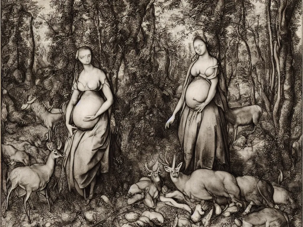 Image similar to portrait of a pregnant woman with deer in the forest. copper engraving by albrecht durer, august sander