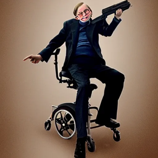 Image similar to steven hawking holding a gun