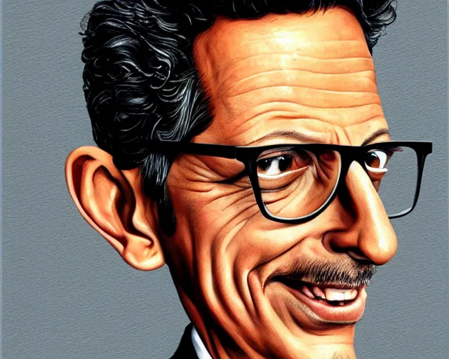 Image similar to a caricature art portrait of jeff goldblum, in the style of sebastian kruger, high def, detailed, art, fine art, sharp focus, highly detailed