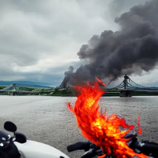 Image similar to Photo of someone driving along the rhine on a motorcycle, everything is in flames, Dramatic lighting