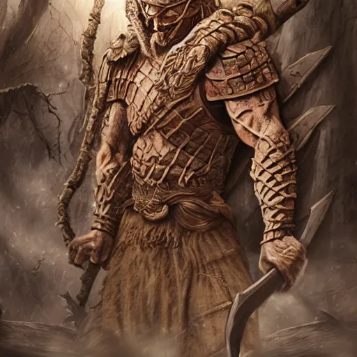 Prompt: muscular warrior with surface of tree - bark, wearing intricate stone wood vines armor, holding halberd with laser blade, battlefield, highly detailed, dramatic lighting, cinematic, sci - fi, hyperrealistic, detailed