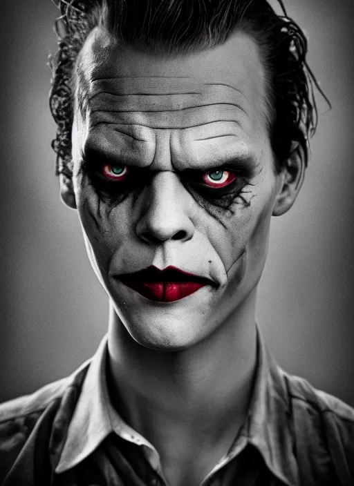 Image similar to photo of Bill Skarsgard as the Joker by Eolo Perfido and Lee Jeffries, smile, head shot, detailed, award winning, Sony a7R