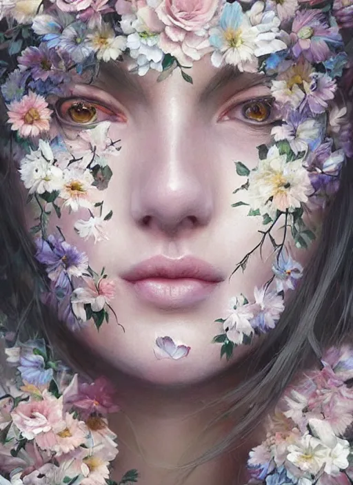 Prompt: a woman with her face painted. face painting of flowers. beautiful highly detailed face. painting by artgerm and greg rutkowski and magali villanueve.