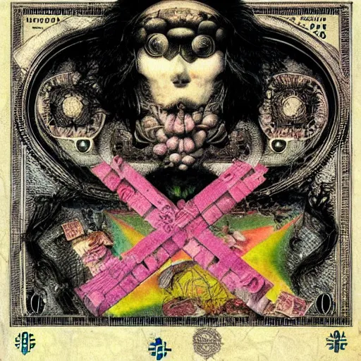 Image similar to post - punk new age album cover, asymmetrical design, dollar bank notes, capitalism, magic, apocalypse, psychedelic, black white pink, magic, giger h. r., giuseppe arcimboldo