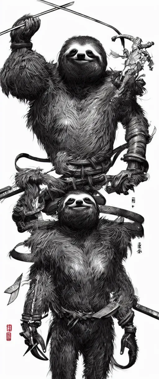 Image similar to graphic, hyperreal illustration of anthropomorphic sloth in traditional samurai armor : : digital art, concept art, character development : : illustrated by artgerm, yoji shinkawa, scott buoncristiano, nychos