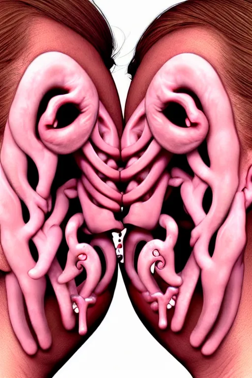 Prompt: disturbingly realistic photograph of hands attached to mouths attached to ears attached to eyes, body horror, accurate anatomy
