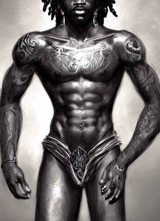 Image similar to a highly detailed illustration of attractive young african guy with flat top hair with flaming tattoos, dramatic standing pose, intricate, elegant, highly detailed, centered, digital painting, artstation, concept art, smooth, sharp focus, league of legends concept art, wlop