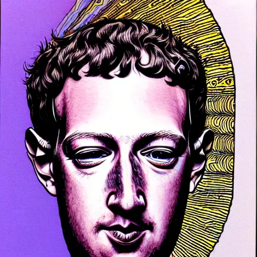 Image similar to the inner self of mark zuckerberg, clockwork engine, psychedelic, lsd, spiritual, mystical, epic beautifully detailed pen, ink and copic markers drawing by milo manara