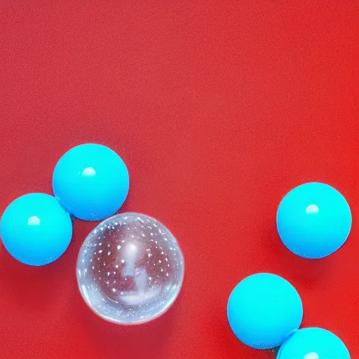 Prompt: water bubble spheres on a red cube