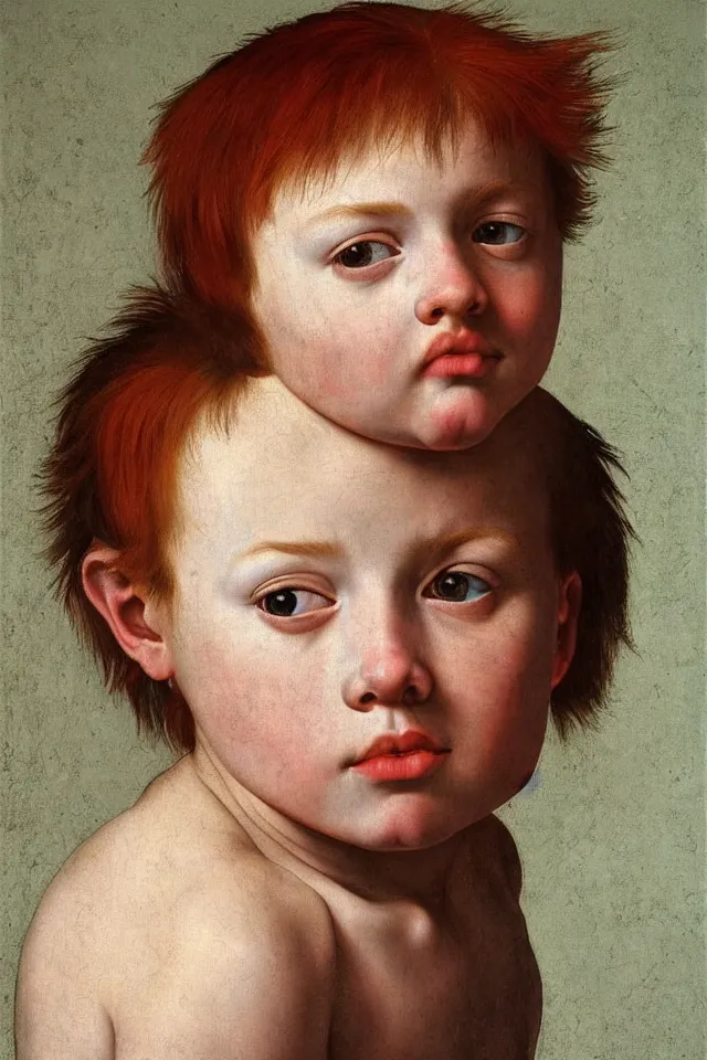 Image similar to hyper realistic portrait of a child from the 16th century with red hair and freckles, Art by Caravaggio