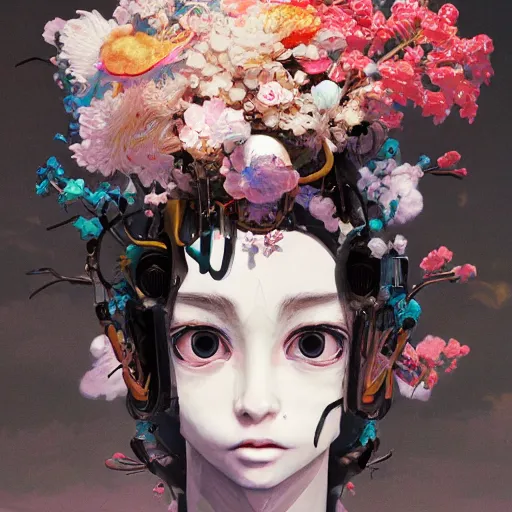 Prompt: surreal gouache painting, by yoshitaka amano, by ruan jia, by conrad roset, by Kilian Eng, by good smile company, detailed anime 3d render of a mechanical android head with flowers growing out, portrait, cgsociety, artstation, modular patterned mechanical costume and headpiece, retrowave atmosphere