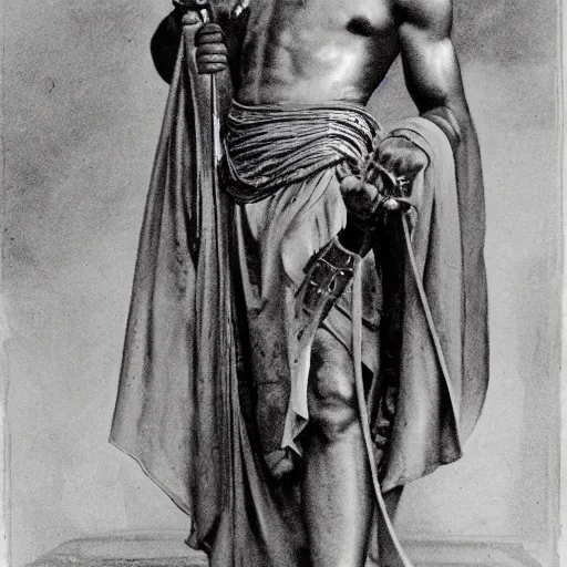 Prompt: [ - - height 1 2 1 6 ] [ - - width 1 0 2 4 ] juba, from the movie gladiator, wearing ornamented leather and robes, holding a two - handed scimitar, guarding the ornamented entrance of the egyptian temple, painted in the style of anders zorn