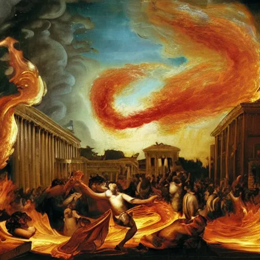 Image similar to baroque painting of burning athens with fire tornadoes