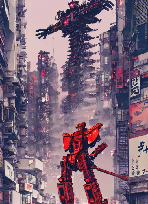 Image similar to giant war robots in the middle of cyberpunk tokyo. detailed, wearing kimono armour, by conrad roset, takato yomamoto, jesper ejsing, masamune shiro, ukiyo - e