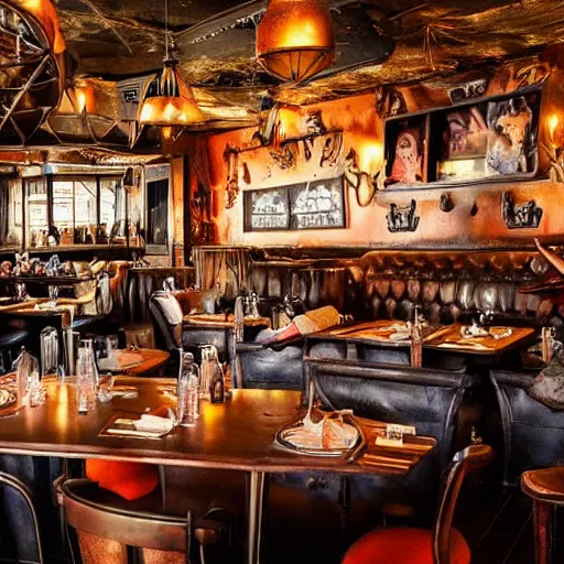 Image similar to architectural digest photo, inside a highly themed restaurant based on the movie mad max furry road