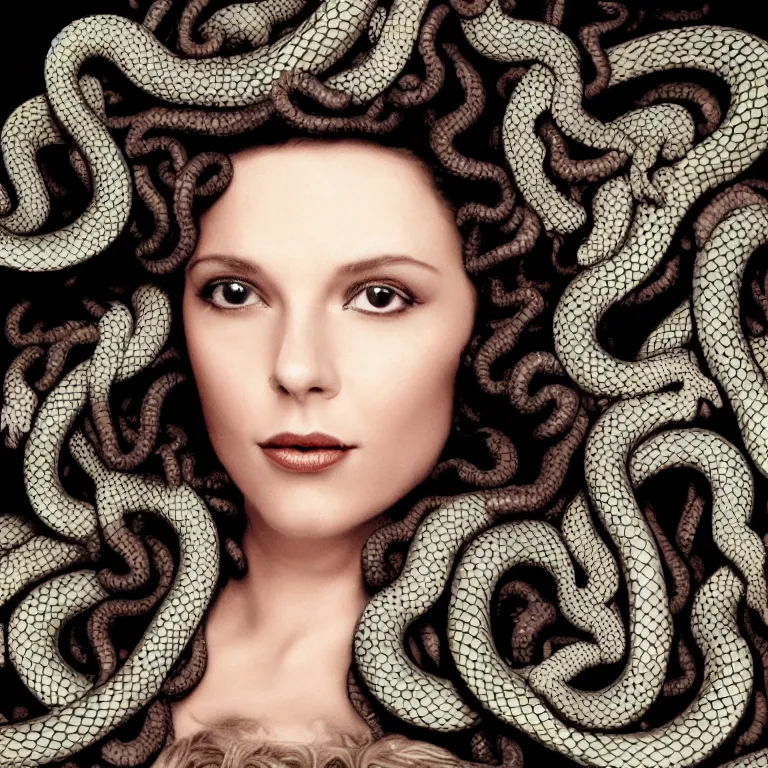 Image similar to Glamour Shots portrait photo of Medusa with snakes for hair in real life