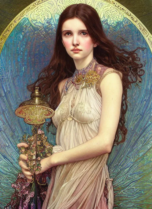 Prompt: realistic detailed painting of a 1 6 - year old girl who resembles millie bobby brown and natalie portman with a shy, blushing, coy expression wearing intricate, detailed, iridescent art nouveau armor by alphonse mucha, ayami kojima amano, charlie bowater, karol bak, greg hildebrandt