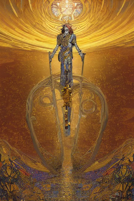 Prompt: breathtaking digital painting of a knight pierced with swords of light, in golden clouds in a desert castle, strokes of mist and golden ribbons, art nouveau style, by casimir art, gustav klimt and alfons mucha, anato finnstark and kelogsloops, elegant, highly detailed, artstation, concept art, matte, sharp focus