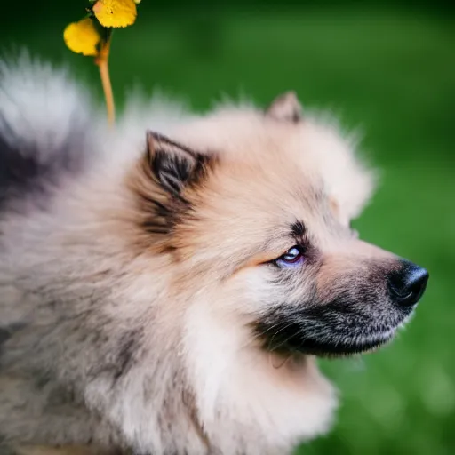 Prompt: a keeshond puppy sniffing a flower, sigma 8 5 mm f / 1. 4