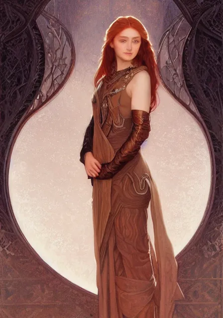 Prompt: portrait of sansa stark with long hair, intricate, elegant, highly detailed, digital painting, artstation, concept art, smooth, sharp focus, illustration, art by artgerm and greg rutkowski and alphonse mucha and william - adolphe bouguereau