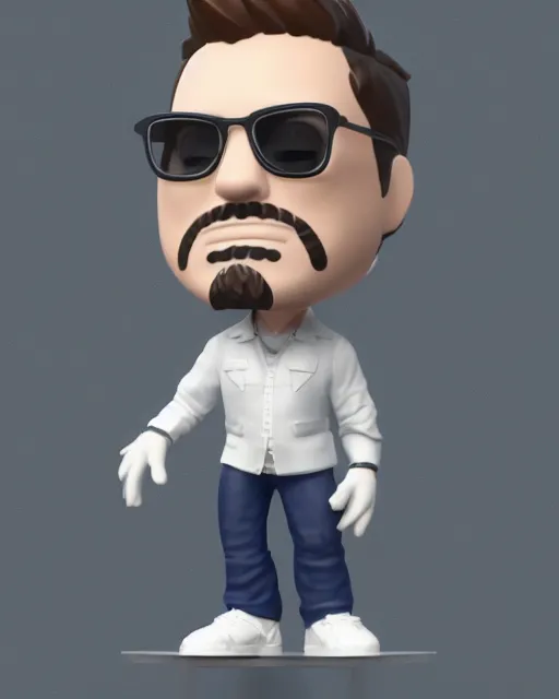 Prompt: full body 3d render of Robert Downey Junior as a funko pop, studio lighting, white background, blender, trending on artstation, 8k, highly detailed