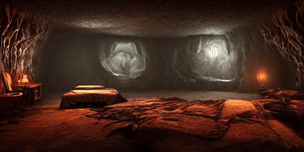 Image similar to bedroom in a secret cave, dark, spooky, dreamlike, lava, satanic symbols in the style of 1 3 ghosts movie, low light, hyperrealistic, coherent composition, artstation, matte painting, concept art, edward hughes hyper detailed, photo realistic, unreal engine, octane render, post processed 4 k
