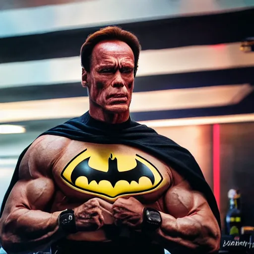 Prompt: Arnold Shvarzenegger as Barman, DC Comics, The Batman (2022), Canon EOS R3, f/1.4, ISO 200, 1/160s, 8K, RAW, unedited, symmetrical balance, in-frame