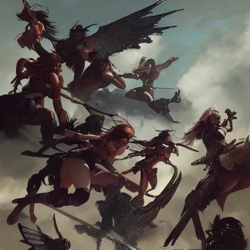 Image similar to Amazons vs Valkyries, fantasy, digital painting, detailed, artstation, pixiv, Krenz Cushart, Greg Rutkowski