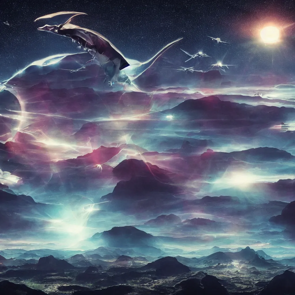 Prompt: organic alien pterodactyl mothership with searchlights flying over a mountainous alien landscape with visible planets in the sky, refraction, reflections, chromatic aberration, light scatter, ray tracing, dramatic sci-fi movie still, high contrast, thrilling, awe inspiring, stunning