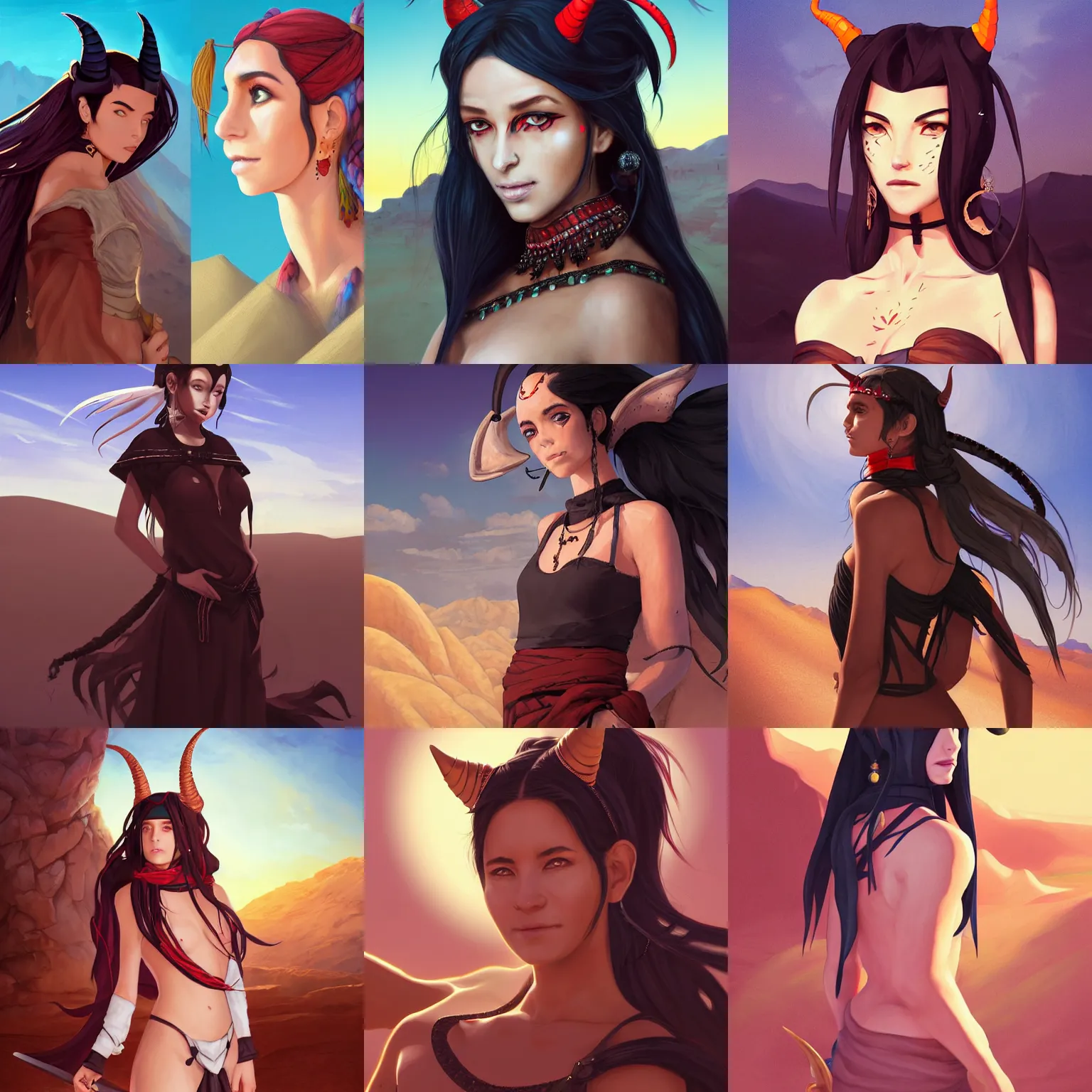 Prompt: portrait of a berber tiefling woman with devil horns and black hair in a ponytail in a desert, half body, single subject, ambient lighting, highly detailed, digital painting, trending on pixiv fanbox, studio ghibli, extremely high quality artwork, art by ross tran and artgerm and makoto shinkai