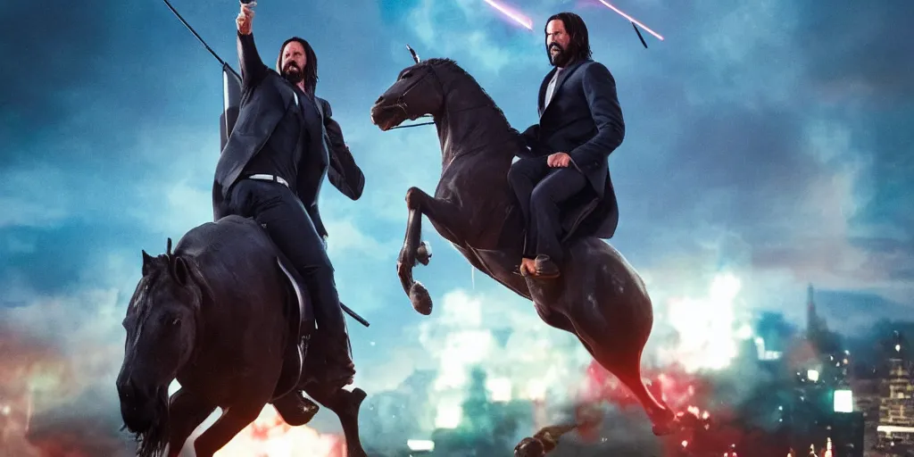 Image similar to Keanu Reaves riding a unicorn, over the shoulder shot, still from John Wick 3, shooting a weapon at a statue of Luigi, IMAX style, digital art, Movie Poster, DreamWorks 8K RED