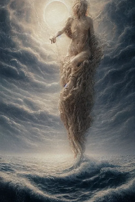 Prompt: Intricate stunning highly detailed water deity emerging from a stormy ocean by agostino arrivabene, Greg Rutkowski , surreal, digital painting, ultra realistic, Horror vacui, beautiful lighting, full moon, thick swirling tornado, artstation