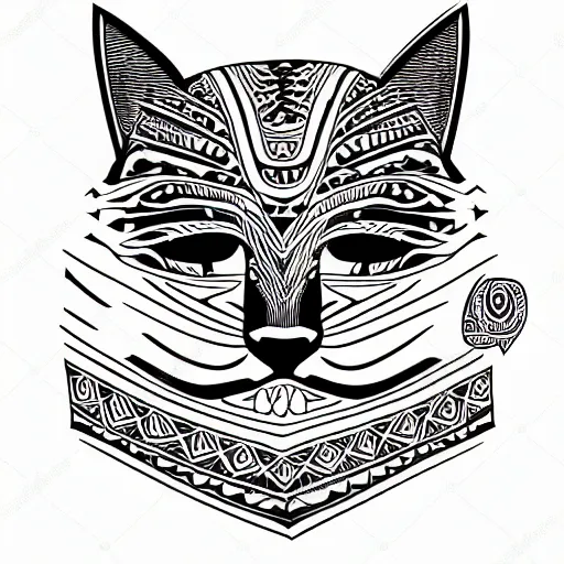 Image similar to tattoo sketch of a cat with one eye, on a paper, maori ornament, polinesian style, minimalism, line art, vector, geometric
