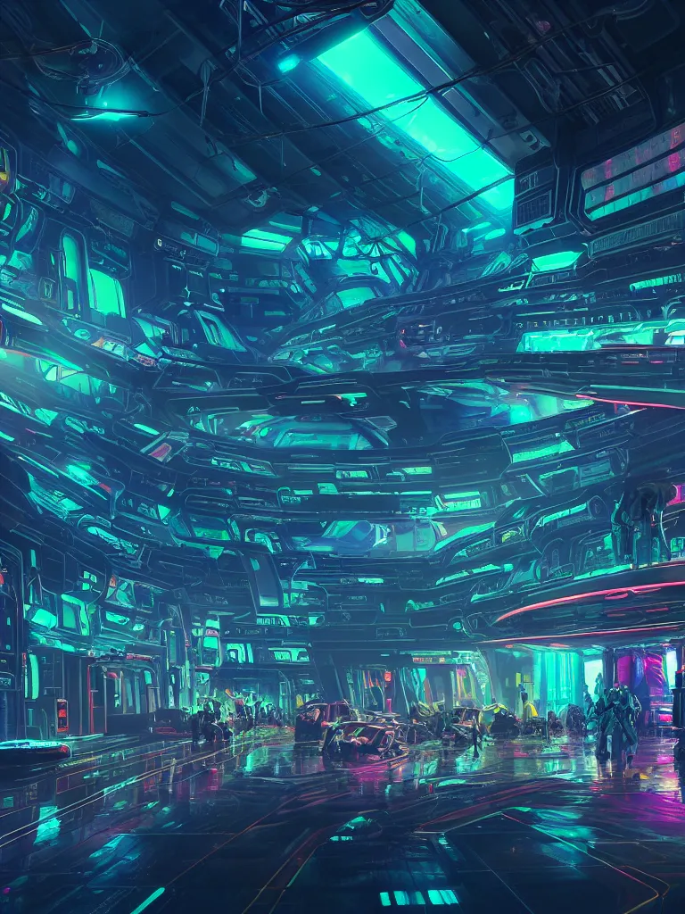 Image similar to the interior of a celestial spaceship cyberpunk hangar in a bioluminescent walls decorated beautifully, lots of cyberpunk design elements like humanoids and mecha robots, warm sunlight shining in, lots of cables and neon signs, concept art 8 k resolution, fantasy illustration, sharp focus, detailed painting, deep color, volumetric lighting, crepuscular rays