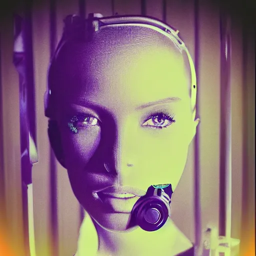 Prompt: cyber - polaroid of a female cyborg, ethereal, vortex