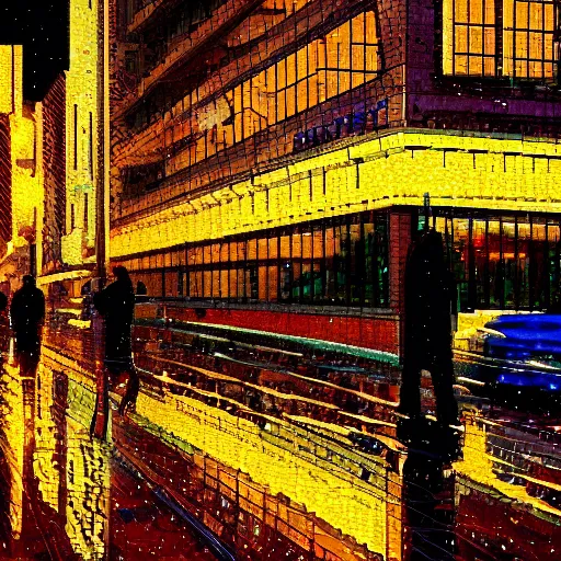 Image similar to pixelart rainy night in the city, reflections
