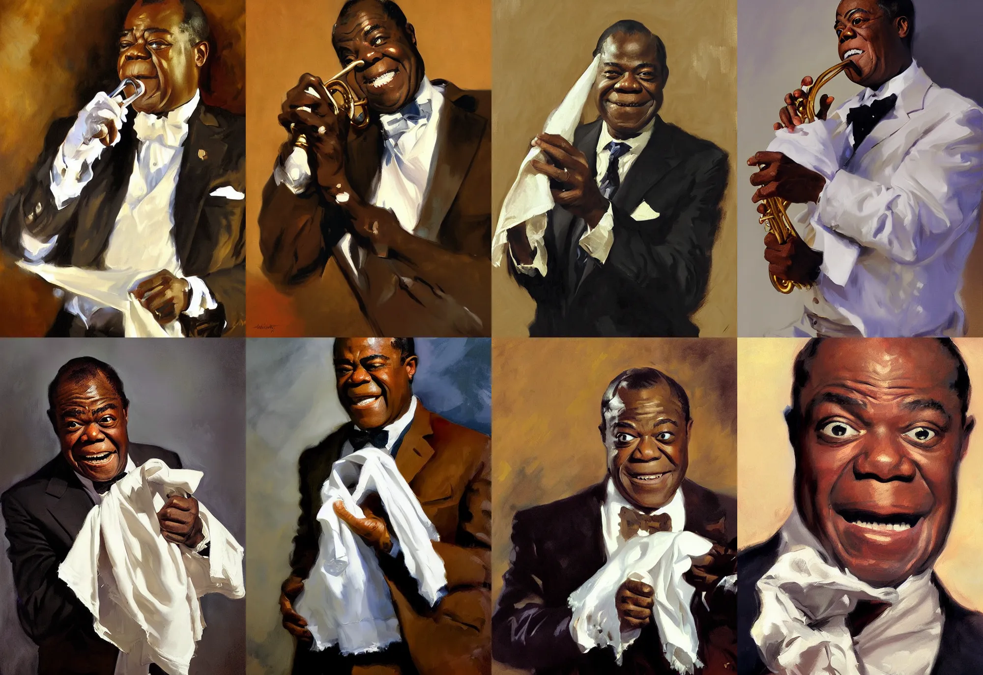 Prompt: a portrait of louis armstrong holding a white handkerchief, by john singer sargent and jonathan yeo and greg manchess, dramatic lighting, highly detailed digital painting