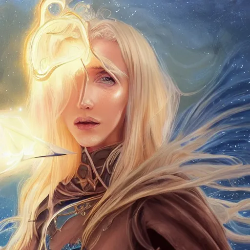 Image similar to a human wizard casting a spell, female, blonde and auburn two toned hair, crackling blue lightning, fantasy, d & d, intricate, elegant, highly detailed, digital painting, artstation, concept art, matte, sharp focus, illustration, in the style of magic the gathering, art by artgerm and greg rutkowski and alphonse mucha